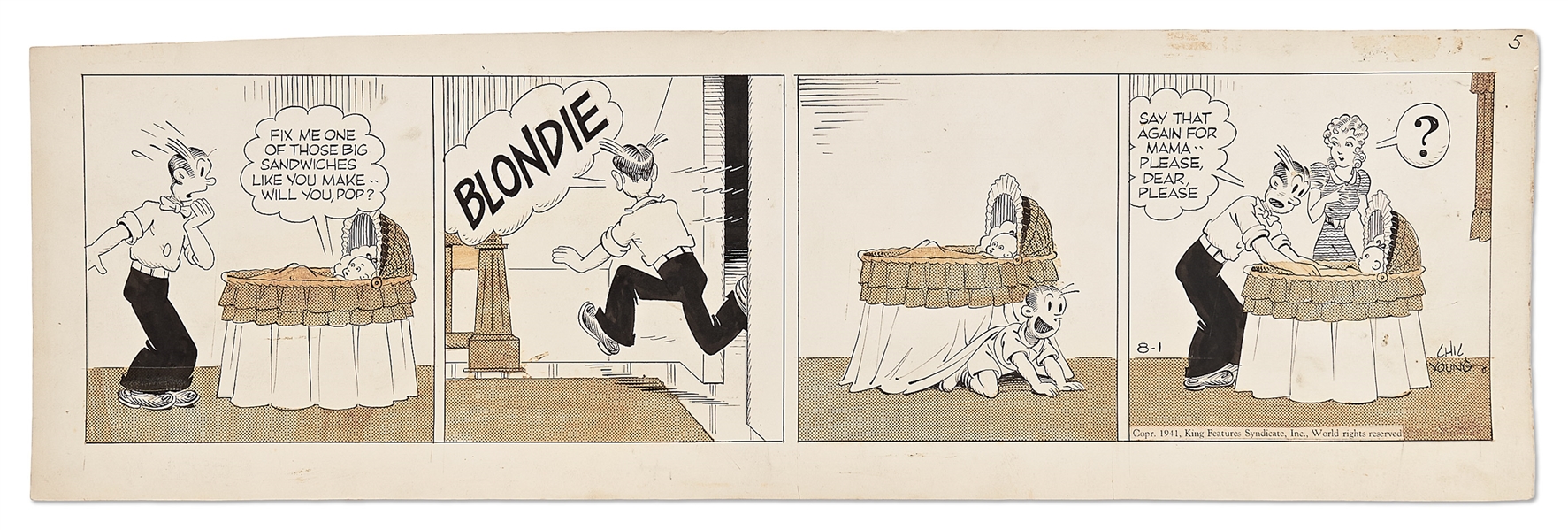 Chic Young Hand-Drawn ''Blondie'' Comic Strip From 1941 -- Alexander Plays a Funny Trick on Dagwood