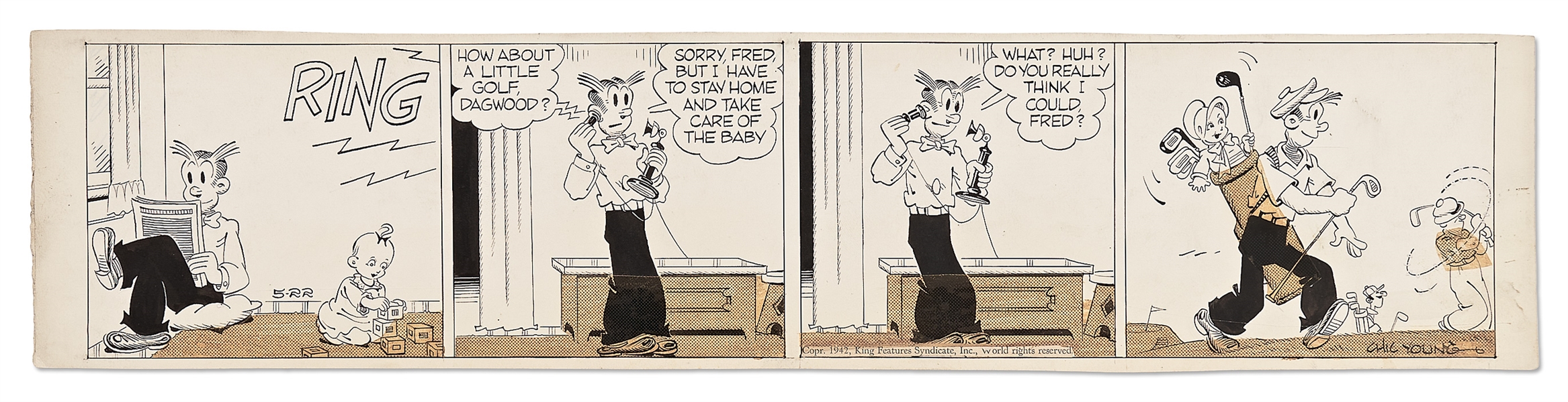 Chic Young Hand-Drawn ''Blondie'' Comic Strip From 1942 -- Dagwood Takes Baby Cookie to the Links as His Caddy