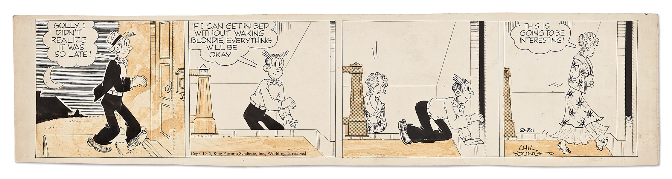 Chic Young Hand-Drawn ''Blondie'' Comic Strip From 1942 -- Blondie Catches Dagwood Sneaking Home Late