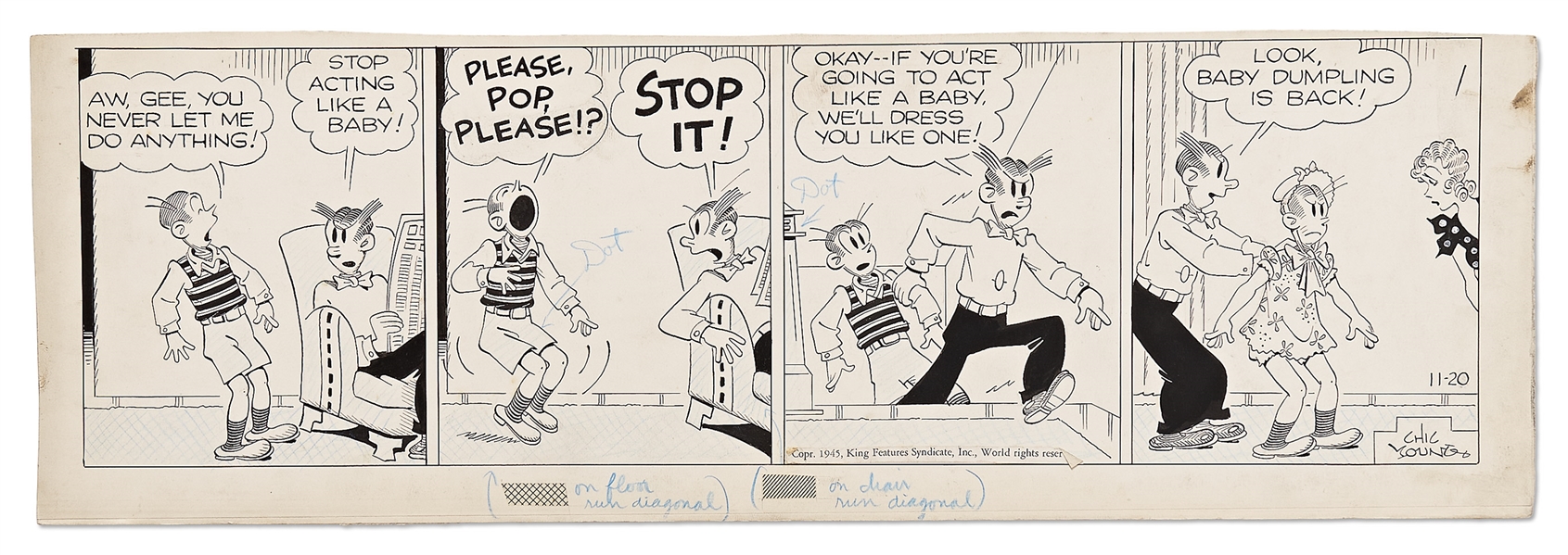 Chic Young Hand-Drawn ''Blondie'' Comic Strip From 1945 -- Alexander Regresses to Baby Dumpling