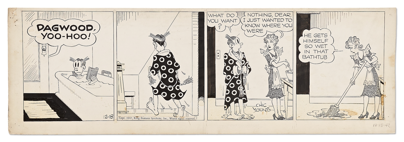 Chic Young Hand-Drawn ''Blondie'' Comic Strip From 1947 -- Dagwood Can't Have a Moment of Privacy for Himself