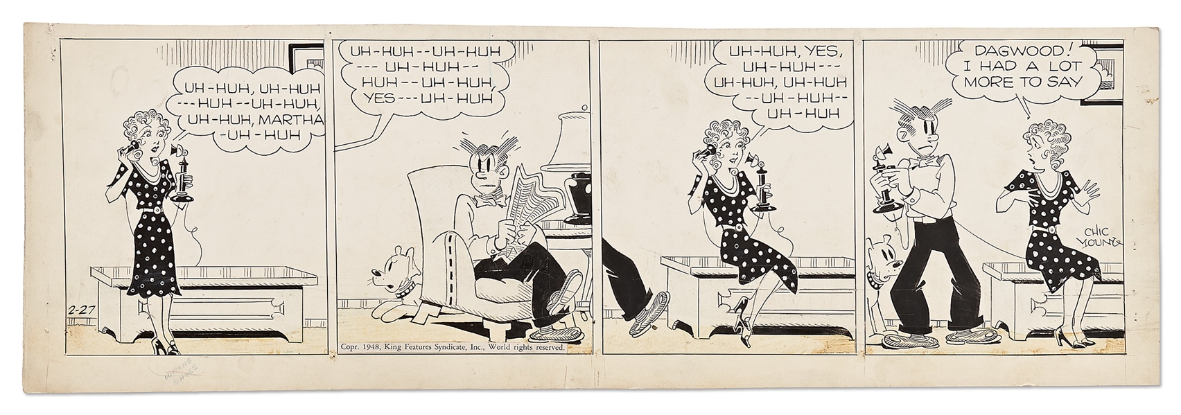 Chic Young Hand-Drawn ''Blondie'' Comic Strip From 1948 -- Blondie's a Gossip Chatterbox