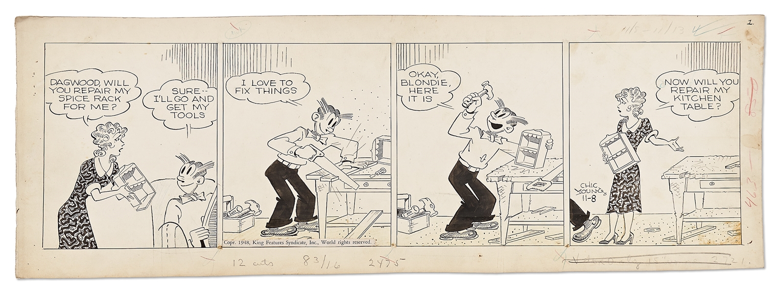 Chic Young Hand-Drawn ''Blondie'' Comic Strip From 1948 -- Dagwood's Handyman Skills Leave Much to Be Desired