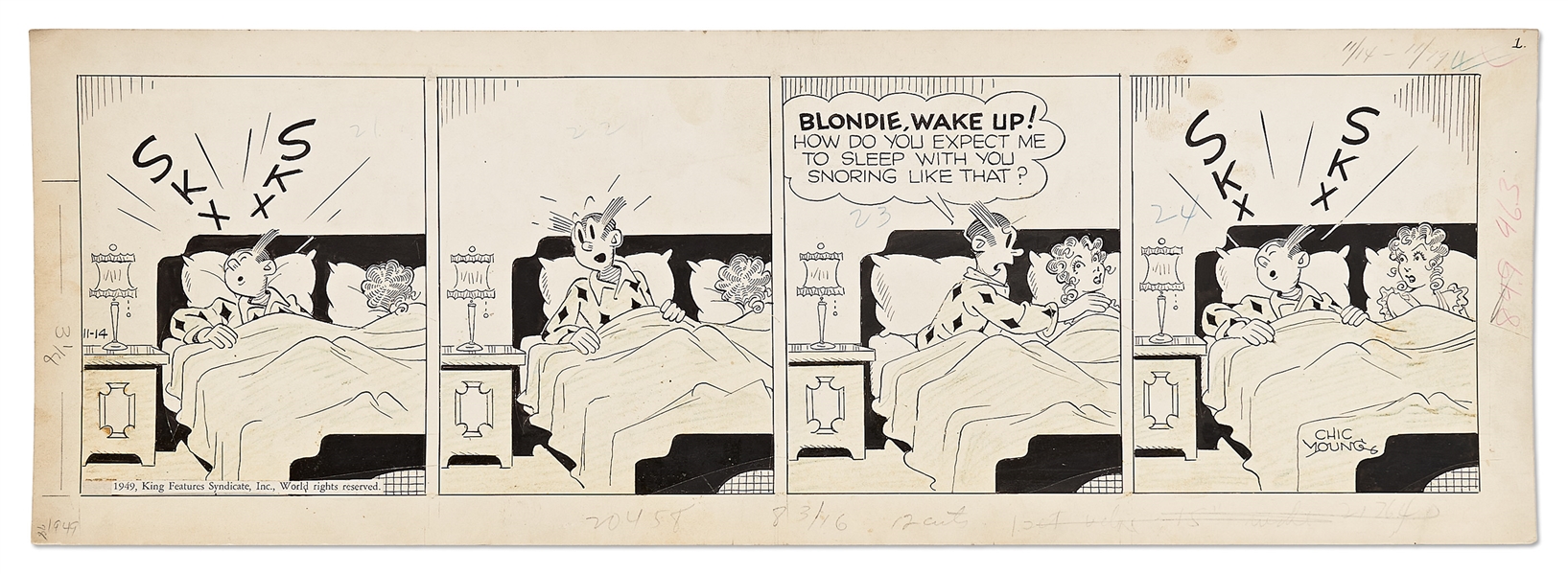 Chic Young Hand-Drawn ''Blondie'' Comic Strip From 1949 -- War of the Snores