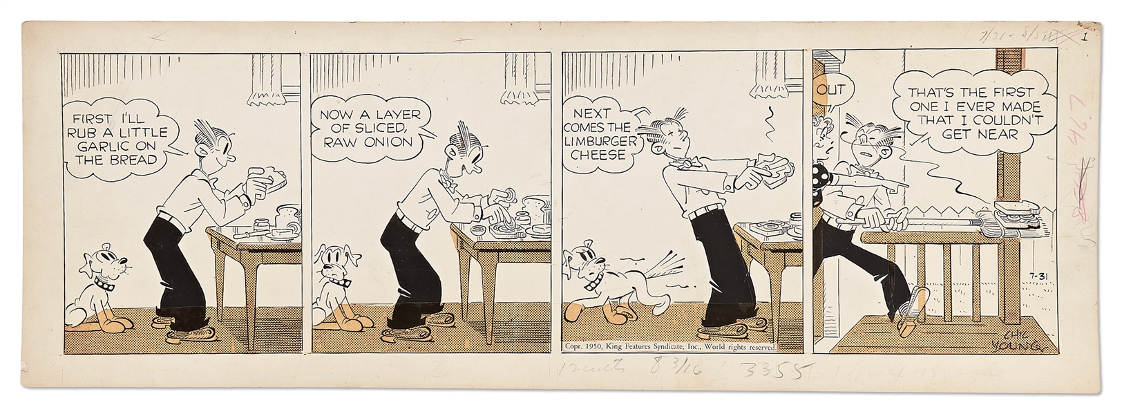 Chic Young Hand-Drawn ''Blondie'' Comic Strip From 1950 -- Dagwood Makes a Stinky Sandwich