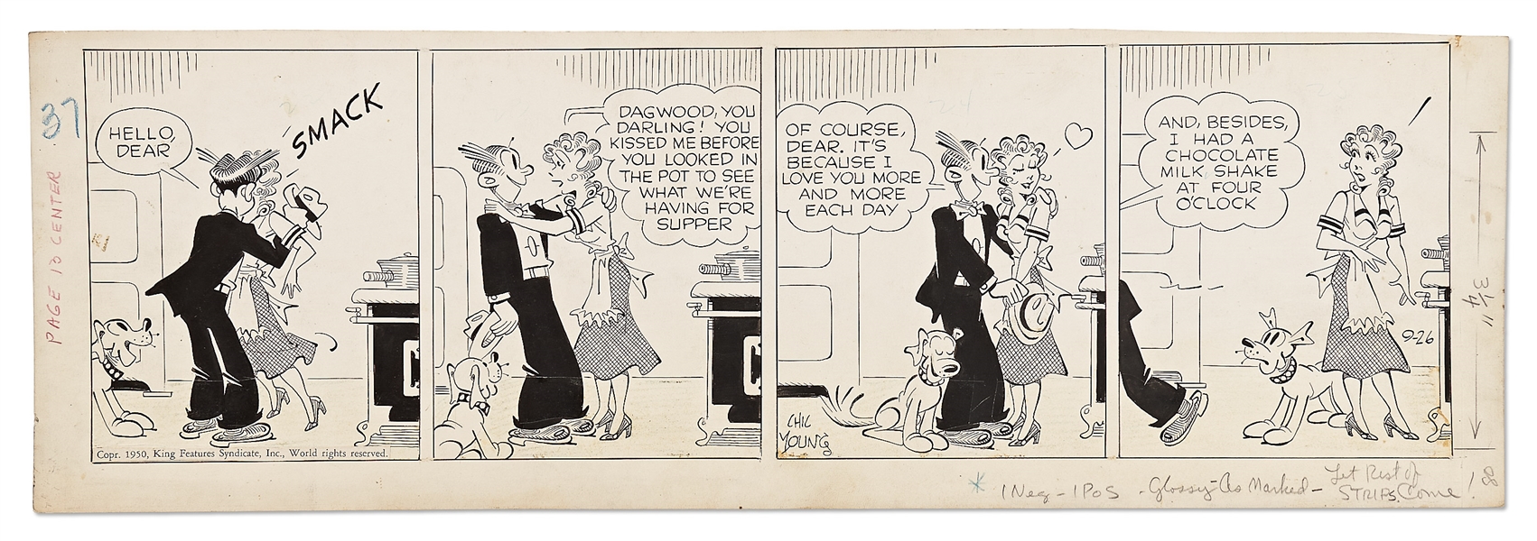 Chic Young Hand-Drawn ''Blondie'' Comic Strip From 1950 -- Dagwood Loves Blondie Even More on a Full Stomach