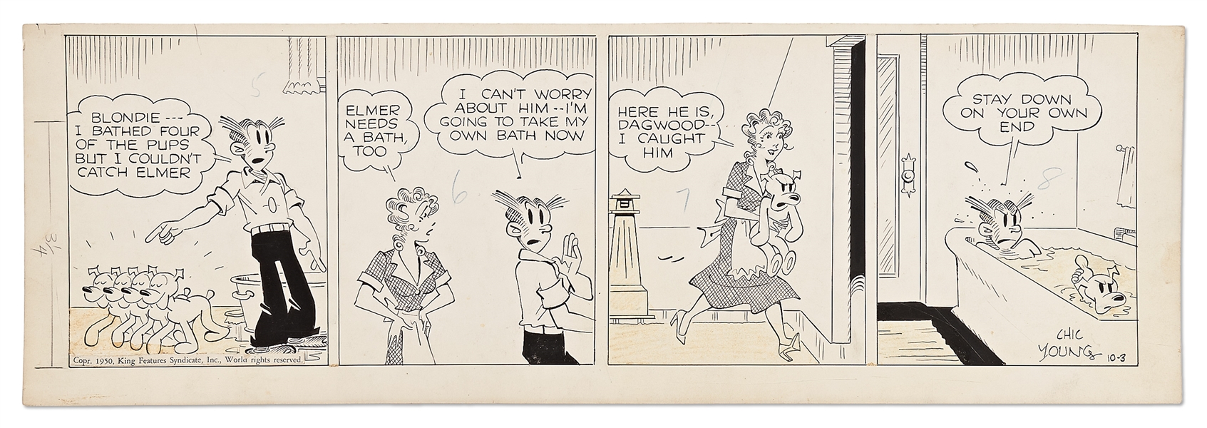 Chic Young Hand-Drawn ''Blondie'' Comic Strip From 1950 -- Dagwood and Elmer the Dog Share a Bath