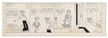 Chic Young Hand-Drawn Blondie Comic Strip From 1950 -- Dagwood and Elmer the Dog Share a Bath