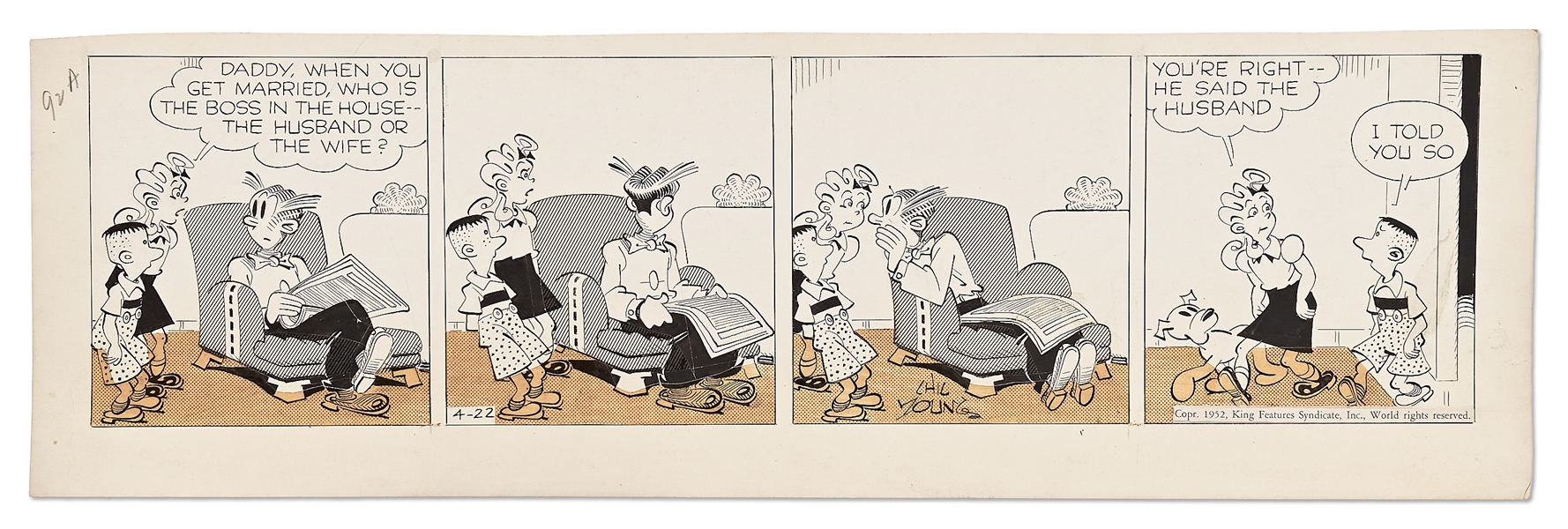 Chic Young Hand-Drawn ''Blondie'' Comic Strip From 1952 -- Battle of the Sexes!