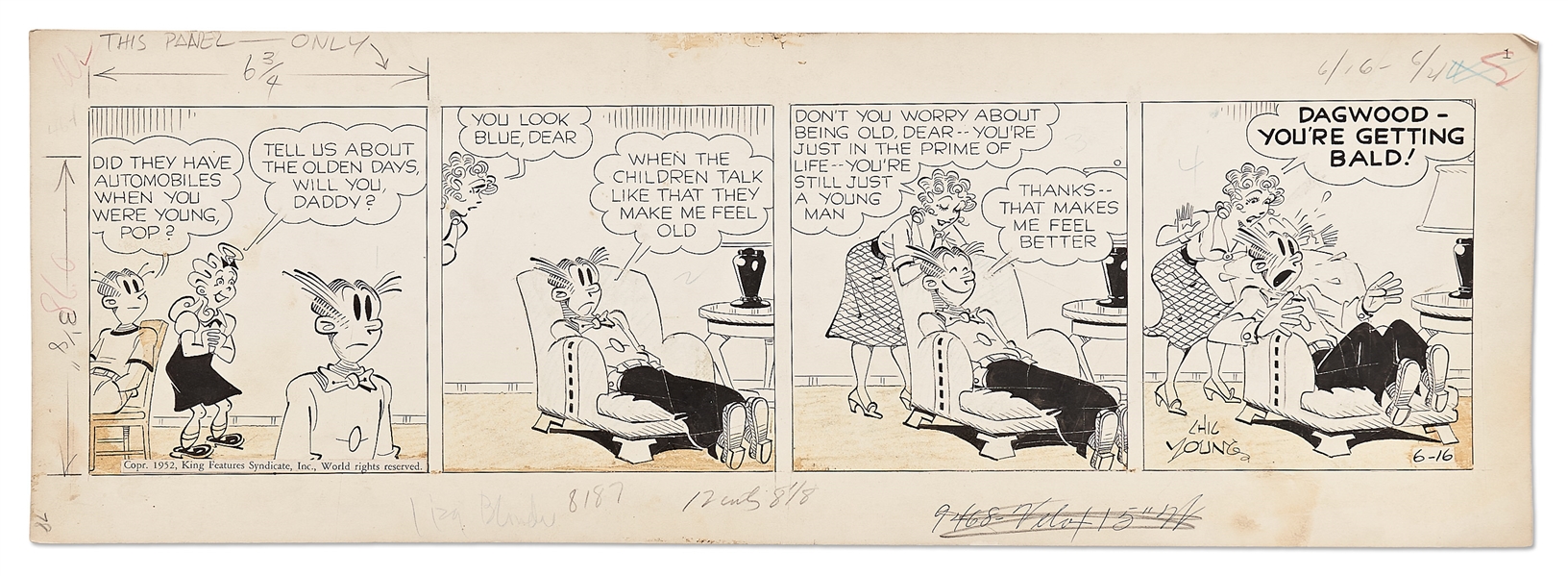 Chic Young Hand-Drawn ''Blondie'' Comic Strip From 1952 -- Dagwood Woefully Hits Middle Age!