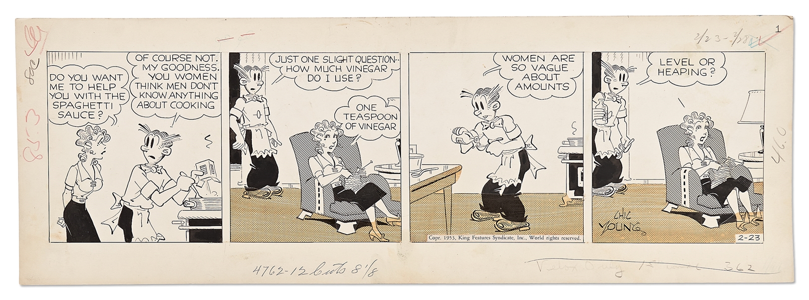 Chic Young Hand-Drawn ''Blondie'' Comic Strip From 1953 -- Dagwood as Chef