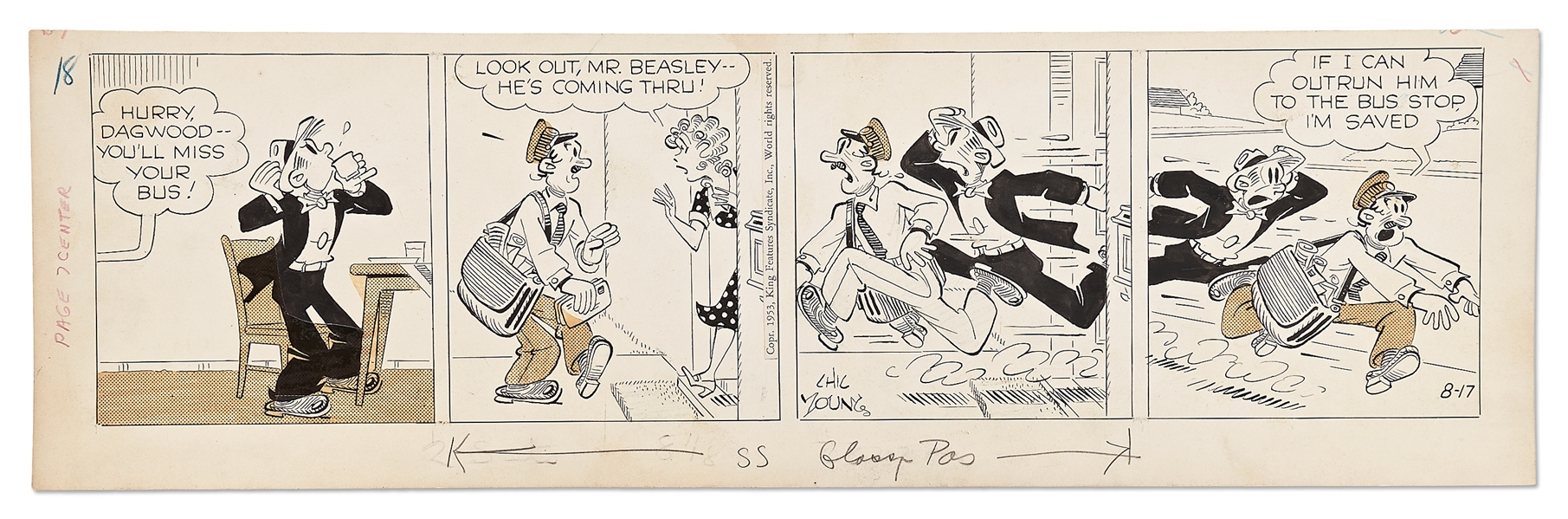 Chic Young Hand-Drawn ''Blondie'' Comic Strip From 1953 -- Dagwood Runs Out the Door!