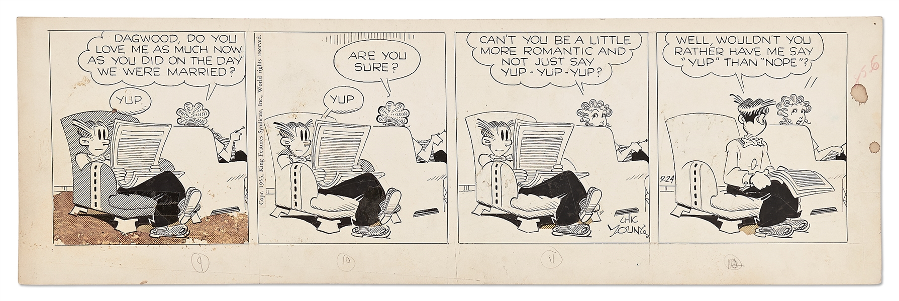 Chic Young Hand-Drawn ''Blondie'' Comic Strip From 1953 -- ''Love Has Its Yups and Downs''