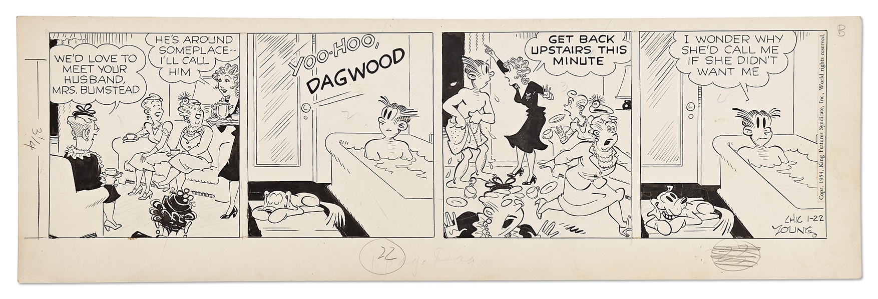 Chic Young Hand-Drawn ''Blondie'' Comic Strip From 1954 -- Dagwood Shocks Feminine Sensibilities