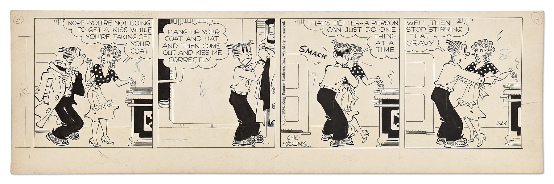 Chic Young Hand-Drawn ''Blondie'' Comic Strip From 1954 -- No Multitasking When It Comes to Kissing