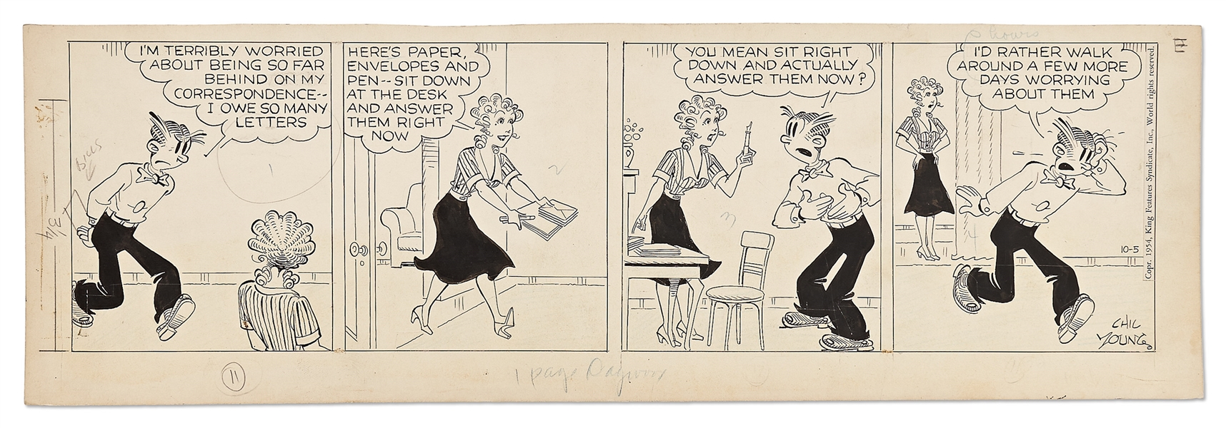 Chic Young Hand-Drawn ''Blondie'' Comic Strip From 1954 -- Dagwood Procrastinates