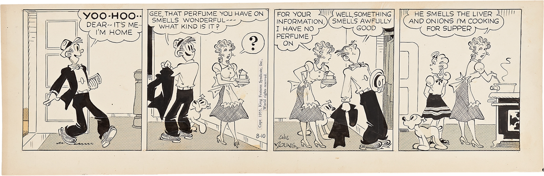 Chic Young Hand-Drawn ''Blondie'' Comic Strip From 1955 -- The Aroma of Liver and Onions Entices Dagwood