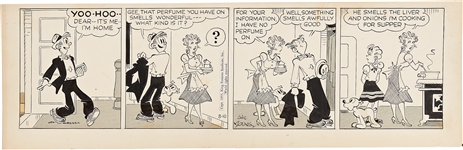 Chic Young Hand-Drawn Blondie Comic Strip From 1955 -- The Aroma of Liver and Onions Entices Dagwood