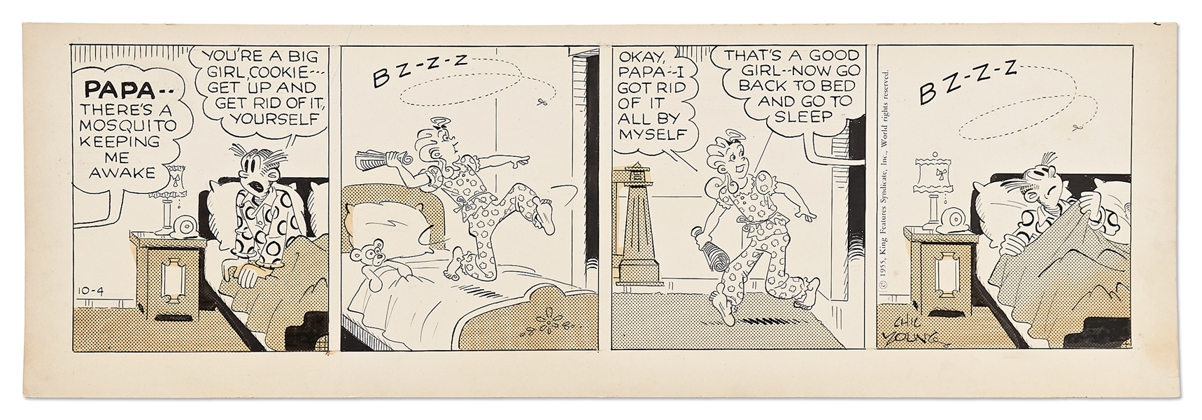 Chic Young Hand-Drawn ''Blondie'' Comic Strip From 1955 -- Cookie vs. the Mosquito vs. Dagwood