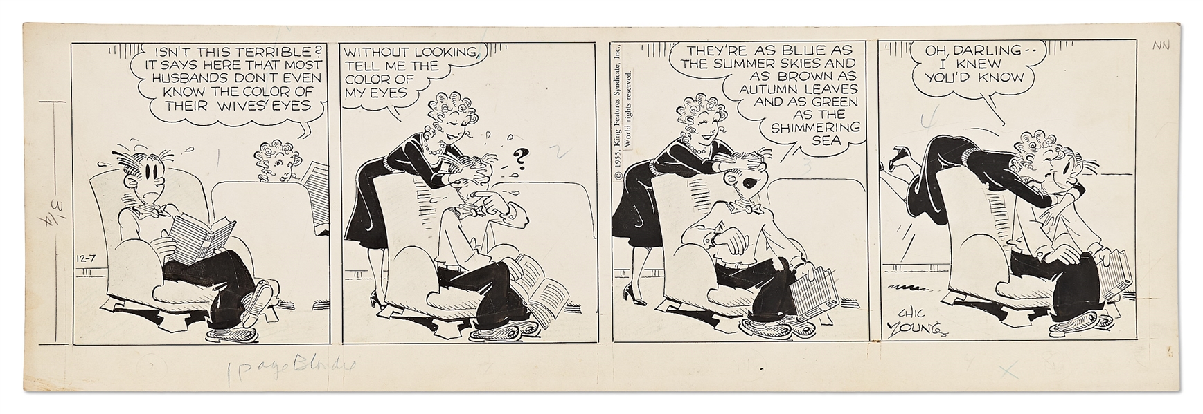 Chic Young Hand-Drawn ''Blondie'' Comic Strip From 1955 -- Romantic Strip Where Dagwood Waxes Poetic on the Color of Blondie's Eyes