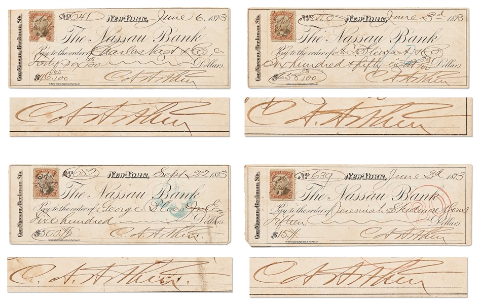 Lot of Four Checks Handwritten & Signed by Chester Arthur