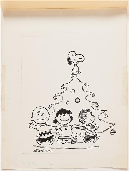 Charles Schulz Original ''Peanuts'' Hand-Drawn Artwork Depicting Snoopy and the Gang at Christmas