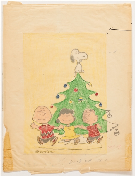 Charles Schulz Original ''Peanuts'' Hand-Drawn Artwork Depicting Snoopy and the Gang at Christmas