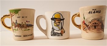 Lot of Three John Wayne Mugs for The Alamo, The Shootist and The Horse Soldiers -- Waynes Famous Mugs Were Gifted to the Cast and Crew of His Films