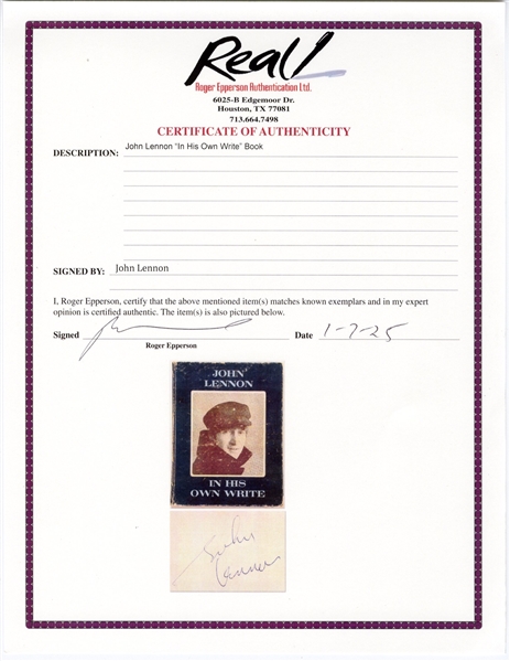 John Lennon Signed ''In His Own Write'' First U.S. Edition -- Uninscribed, With Roger Epperson COA