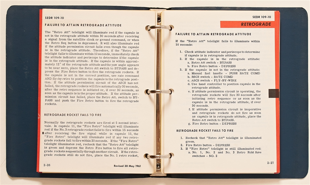 Project Mercury ''Capsule Flight Operations Manual'' #SEDR 109-10, Dated May 1961 for Capsules 11 (Liberty Bell 7) and 15 (Scheduled for Mercury-Redstone 5) -- Very Rare Manual for These Two Capsules