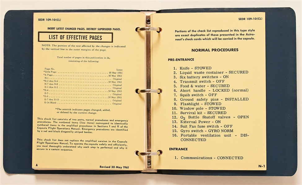 Project Mercury ''Capsule Flight Operations Manual'' #SEDR 109-10, Dated May 1961 for Capsules 11 (Liberty Bell 7) and 15 (Scheduled for Mercury-Redstone 5) -- Very Rare Manual for These Two Capsules