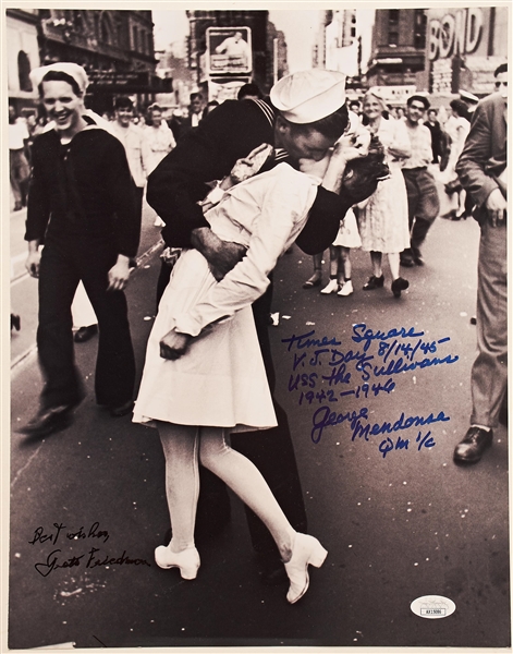 Photo of the Iconic Times Square Kiss to Celebrate the End of World War II, Signed by the Couple Greta Friedman & George Mendonsa -- Photo Measures 11'' x 14'', With JSA COA