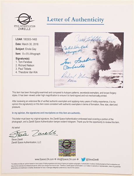 Enola Gay Crew-Signed Photo by Four Depicting the Atomic Bomb Blast -- With Steve Zarelli COA