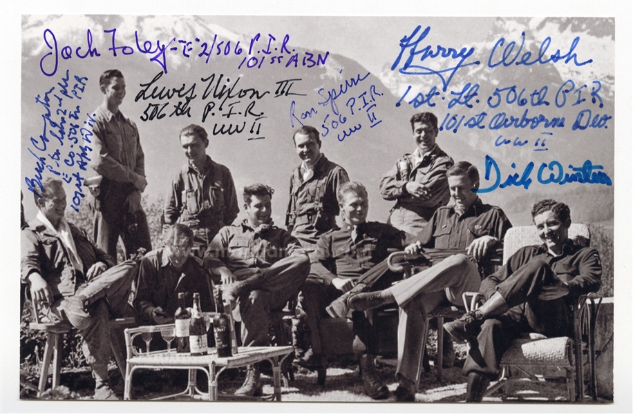 Photo Signed by Six of ''Easy Company'', AKA the Band of Brothers at the Eagle's Nest in May 1945 -- Includes the Signature of Dick Winters, Commander of the Company