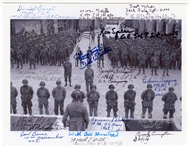 Photo Signed by 17 Soldiers of Easy Company, AKA the Band of Brothers, at the Battle of Carentan Awards Ceremony -- Includes Company Commander Dick Winters Who Writes His Motto Hang Tough