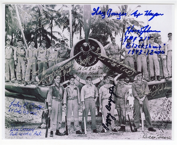 Photo Signed by 14 of the Famous WWII ''Black Sheep'' Including Its Leader, Medal of Honor Recipient & Fighter Ace Pappy Boyington