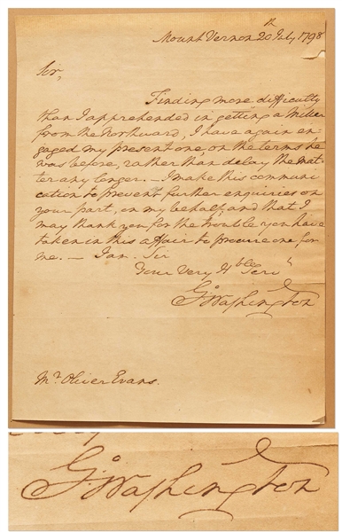 George Washington Autograph Letter Signed from 1798 to Inventor Oliver Evans -- Washington Signed Evans' Patent for the First Automated Milling System as President and Adopted it at Mount Vernon