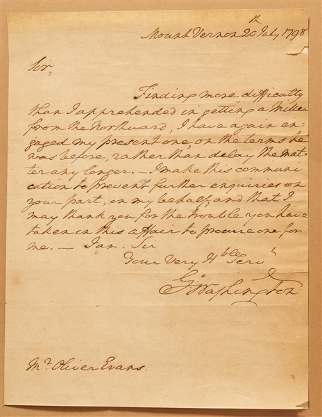 George Washington Autograph Letter Signed from 1798 to Inventor Oliver Evans -- Washington Signed Evans' Patent for the First Automated Milling System as President and Adopted it at Mount Vernon