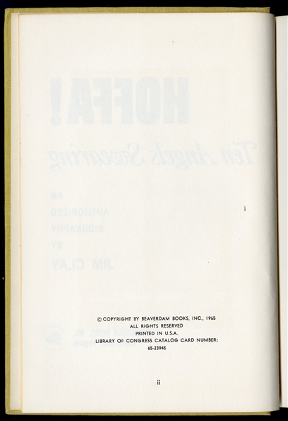 Jimmy Hoffa Signed First Edition of His Biography, ''Hoffa! Ten Angels Swearing''