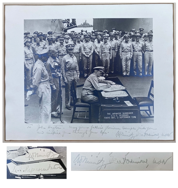 Admiral Chester Nimitz Twice-Signed 14'' x 11'' Photo of the Japanese Surrender -- Inscribed to John Hayter, the Priest Who Survived Four Years in a Japanese Prison Camp