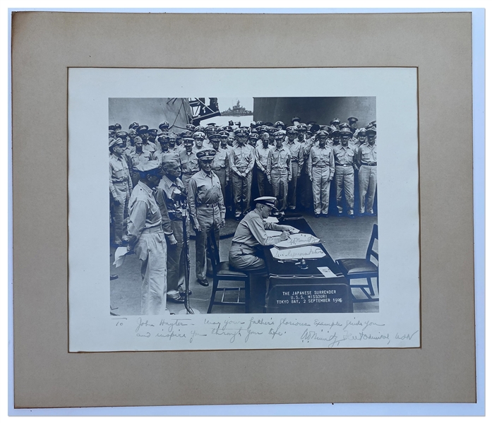 Admiral Chester Nimitz Twice-Signed 14'' x 11'' Photo of the Japanese Surrender -- Inscribed to John Hayter, the Priest Who Survived Four Years in a Japanese Prison Camp