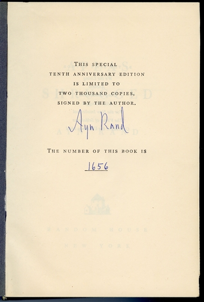 Ayn Rand Signed ''Atlas Shrugged'' -- Special 10th Anniversary Limited Edition with Rare Glassine Dust Jacket & Slipcase