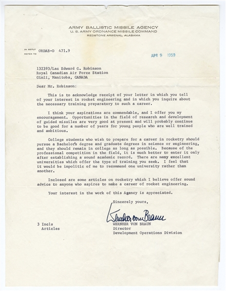 Wernher von Braun Letter Signed from 1959 Before Joining NASA -- ''...College students who wish to prepare for a career in rocketry...''