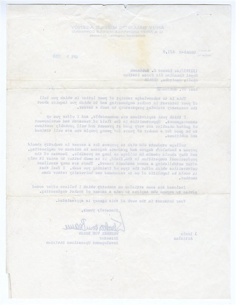 Wernher von Braun Letter Signed from 1959 Before Joining NASA -- ''...College students who wish to prepare for a career in rocketry...''