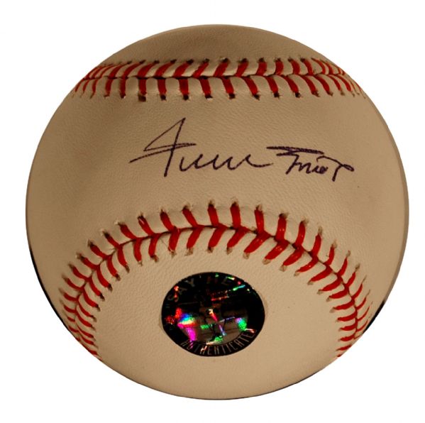 Willie Mays Signed OML Baseball -- Signed in Bold Blue Ink -- With Mays' Say Hey Hologram -- Near Fine