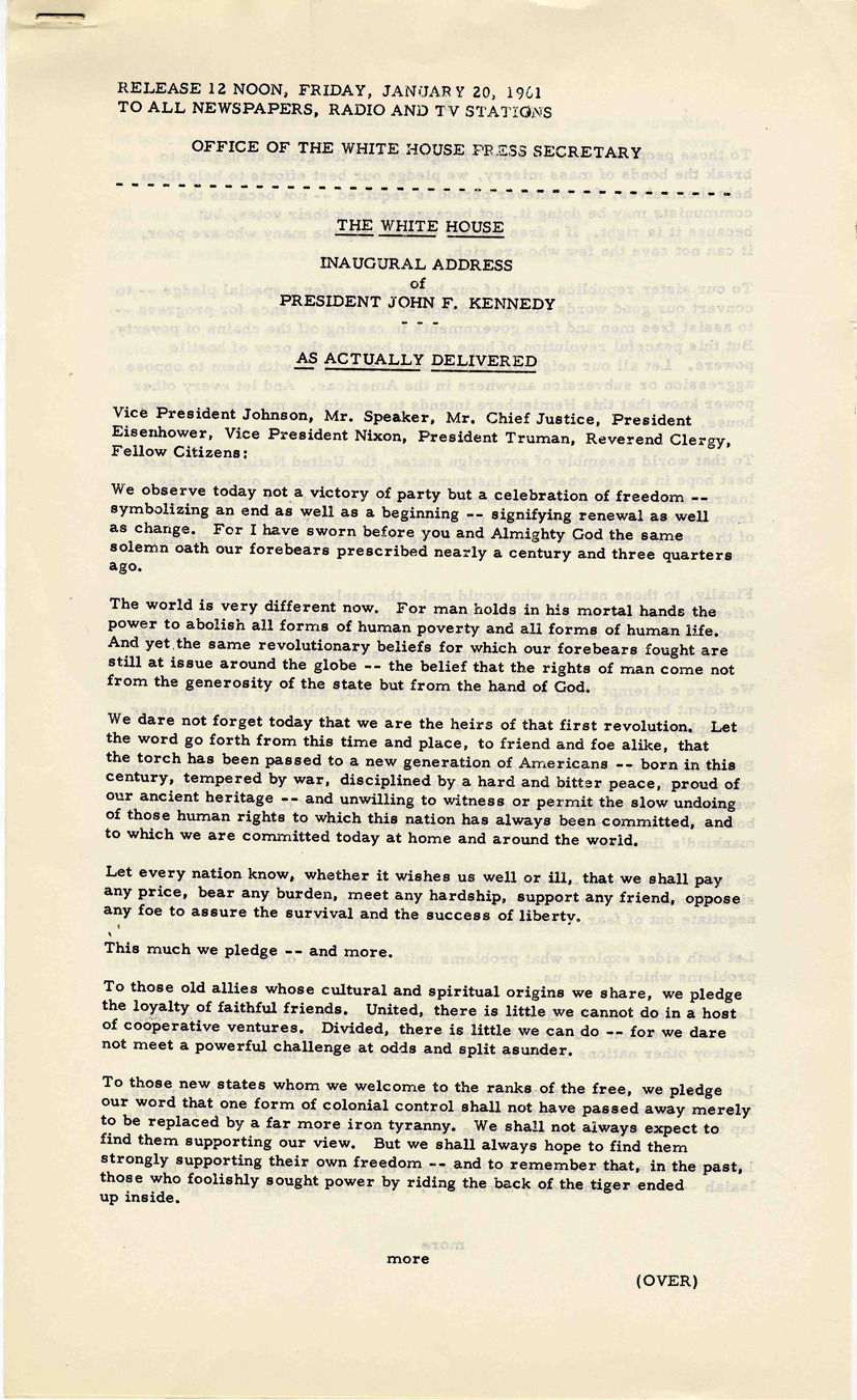 Lot Detail - Original JFK Inaugural Address ''As Actually Delivered ...