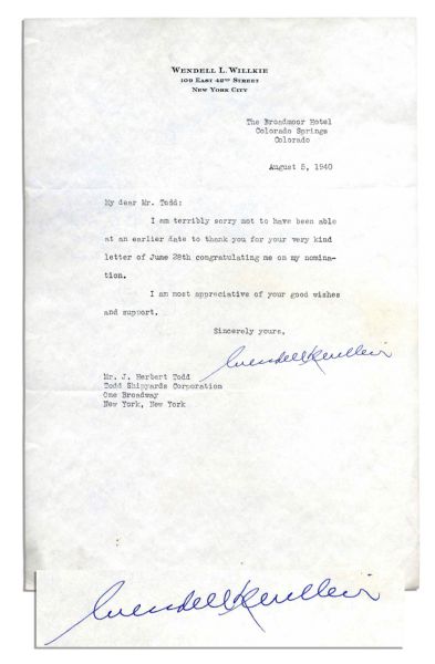 Wendell L. Willkie 1940 Typed Letter Signed -- ''...thank you for your...letter...congratulating me on my nomination...'' -- Referencing the Most Dramatic Presidential Convention Ever