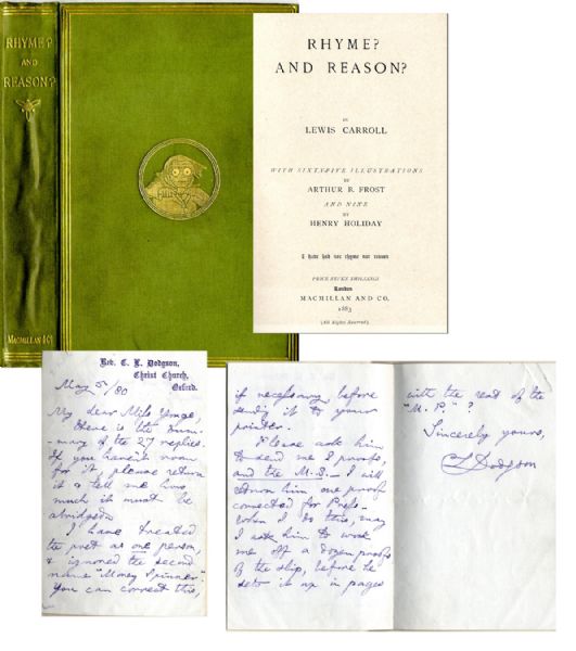Rare Lewis Carroll Rhyme? and Reason? First Edition and Autograph Letter Signed -- …how much it must be abridged. I have treated the poet as one person, & ignored the second name 'Money Spinner'…