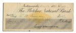 Benjamin Harrison Signed Holograph Check -- $5.00 Drawn From Fletchers Bank -- 7.25 x 2.75 -- Very Good Condition
