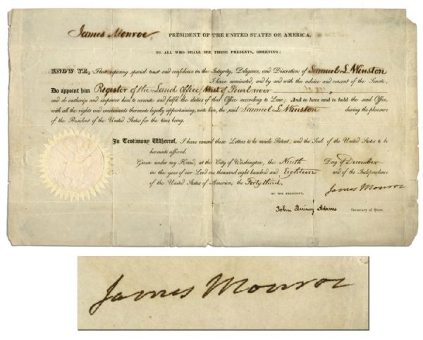 James Monroe 1818 Document Signed as President -- Countersigned by John Quincy Adams